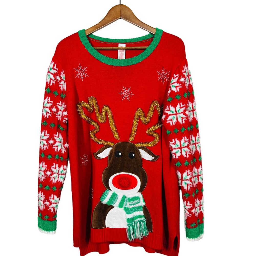 Holiday Time Christmas Sweater Rudolph Scoop Neck Red Party Ugly - 2X